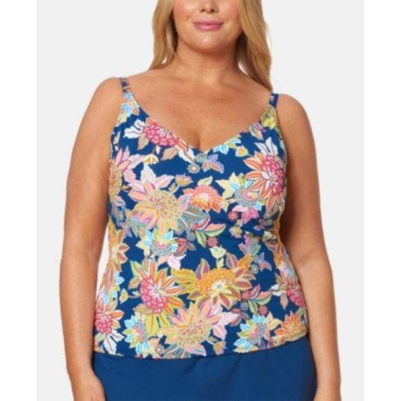 Bleu by Rod Beattie Floral Printed Tankini Top Multi Navy Size 22 Plus NWT - Picture 1 of 9
